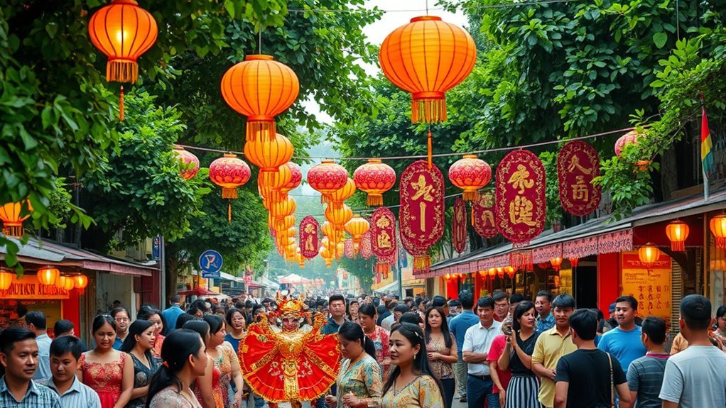 Lion dance performers and lanterns during Chinese New Year celebrations in Borneo