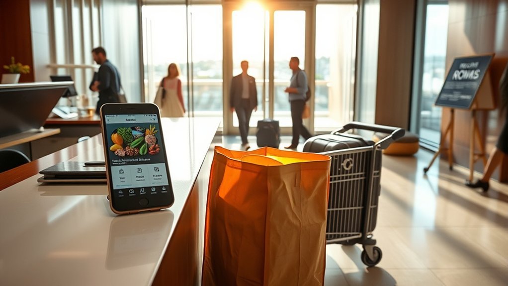 Walmart grocery bags being delivered to a hotel front desk