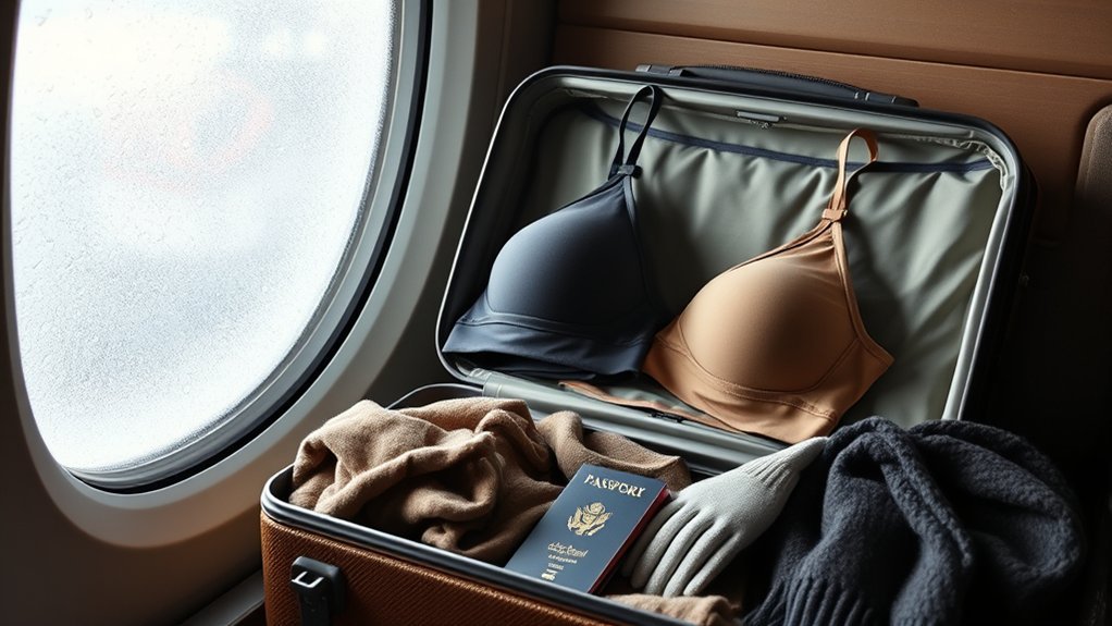 Woman wearing a breathable supportive bra under winter travel layers