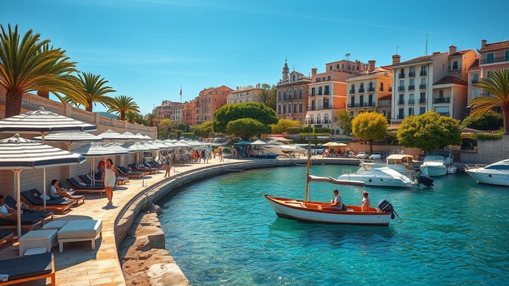 Busy Italian Riviera beach and waterfront during the summer high season