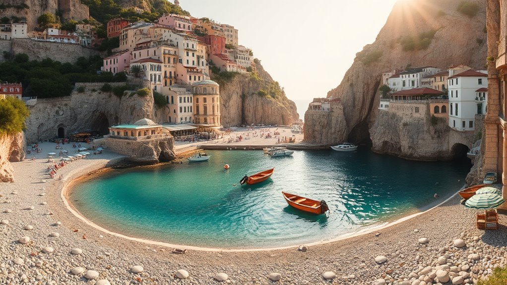 Amalfi Coast beaches beneath steep cliffs and colorful coastal towns