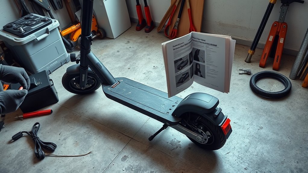 Technician assessing whether a broken electric scooter is safe and worth repairing