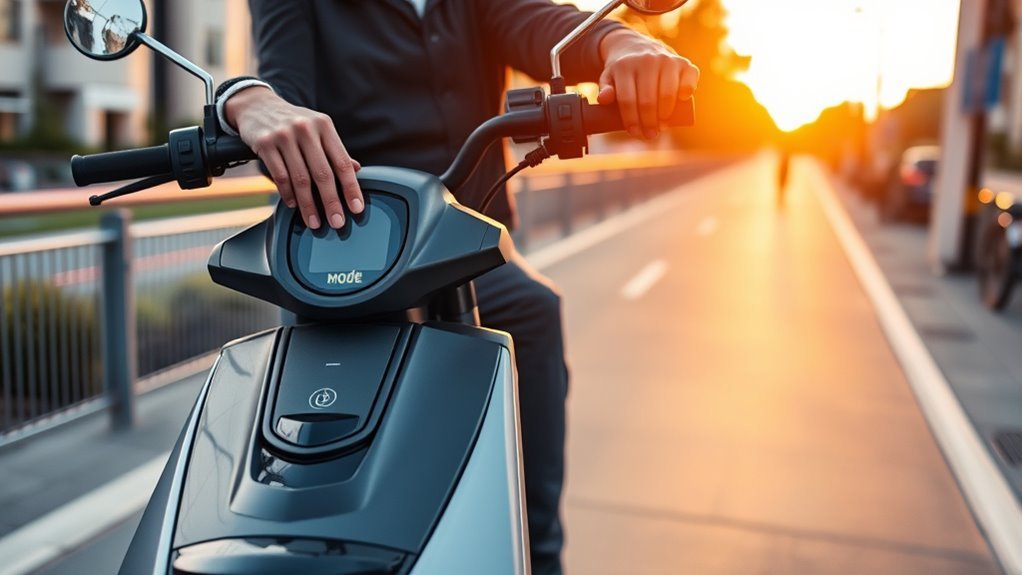 Electric scooter dashboard displaying Eco Mode setting for battery saving riding efficiency