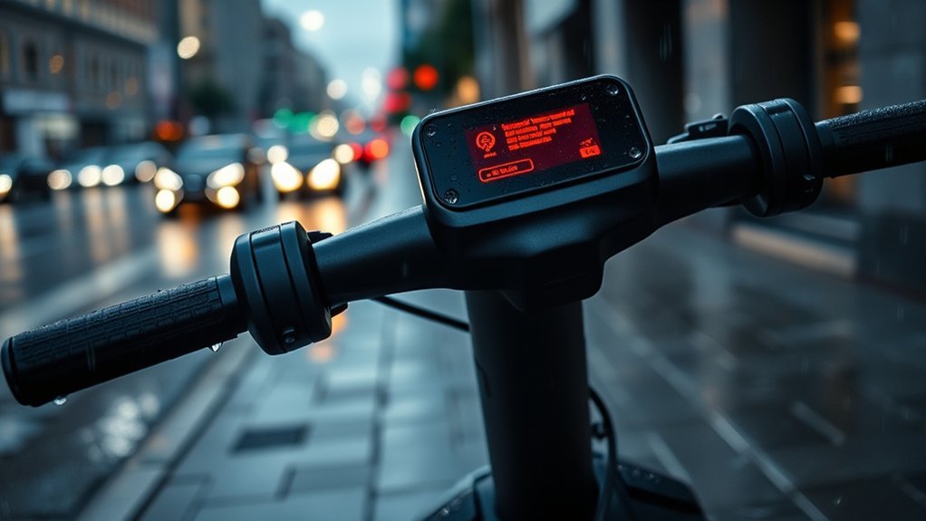 What Does E1 Error Mean on an Electric Scooter? Electric scooter cockpit showing brake lever wiring harness, digital display, and electronic brake cutout sensor