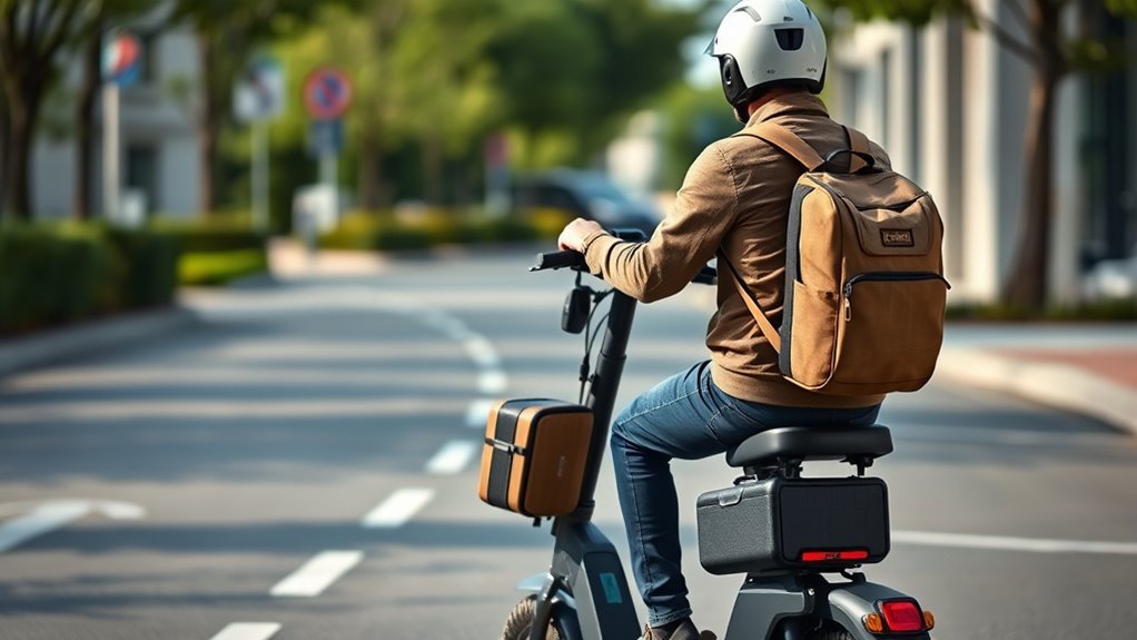 Rider carrying compact, secured cargo on an electric scooter
