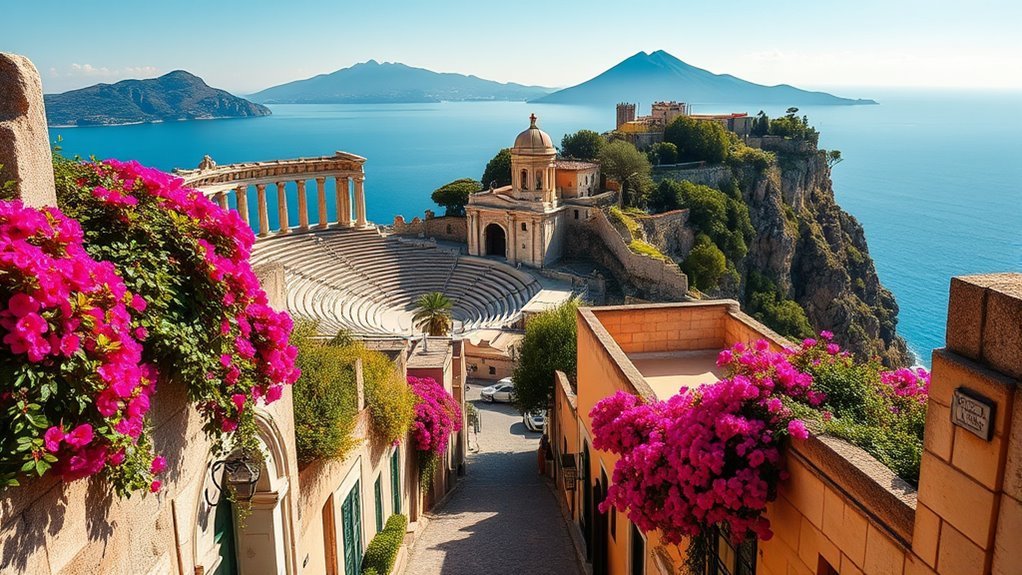 Panoramic cliffside view of Taormina overlooking the blue Ionian Sea in Sicily