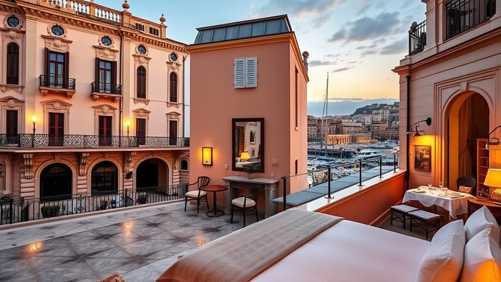 Historic and modern hotel interiors in Genoa, Italy