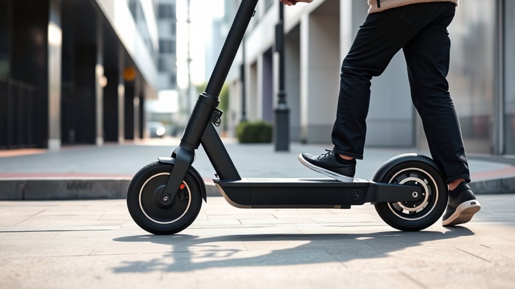 What Is Walk Mode on an Electric Scooter? Rider walking alongside an electric scooter in walk mode through a pedestrian zone