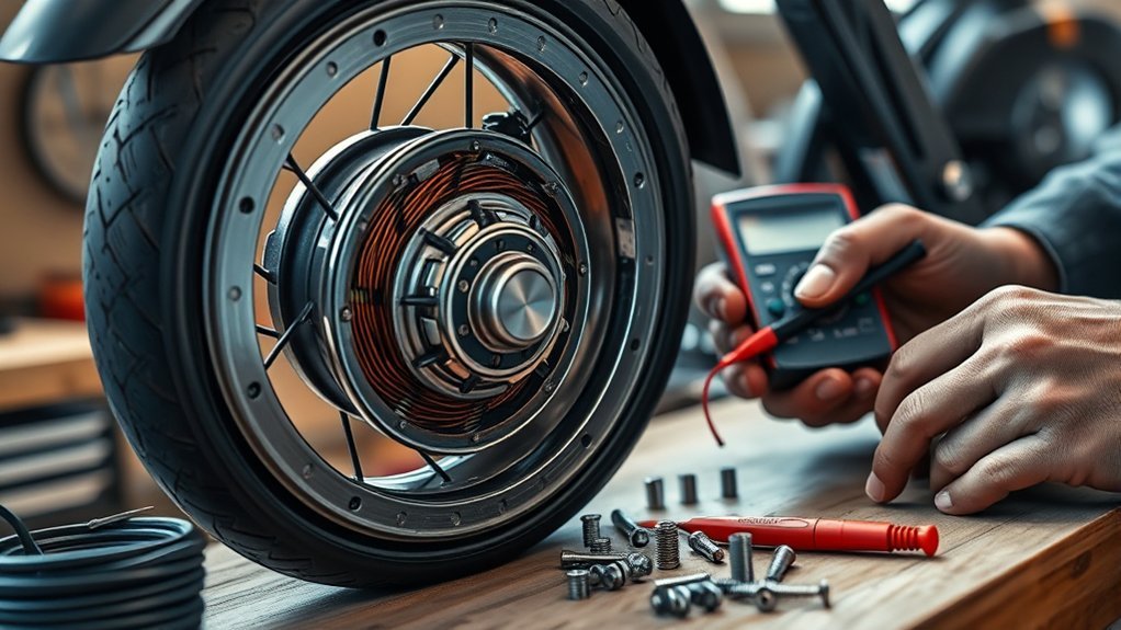 Technician inspecting an electric scooter motor and its wiring connections