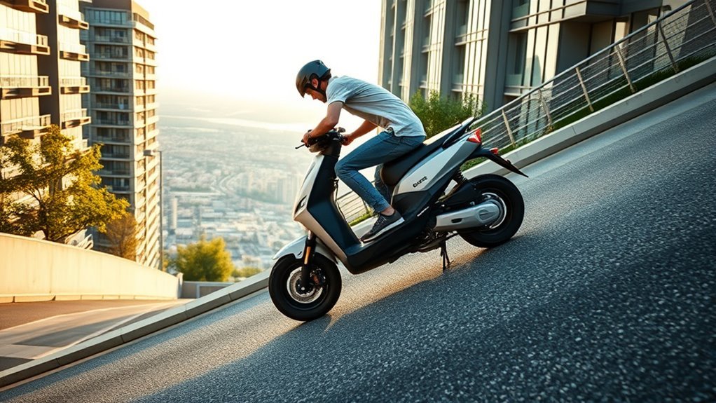 Rider ascending a steep paved urban hill on a high-performance electric scooter