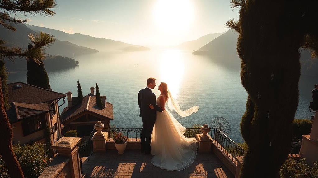 couple posing beside Lake Como at an elegant Italian wedding venue
