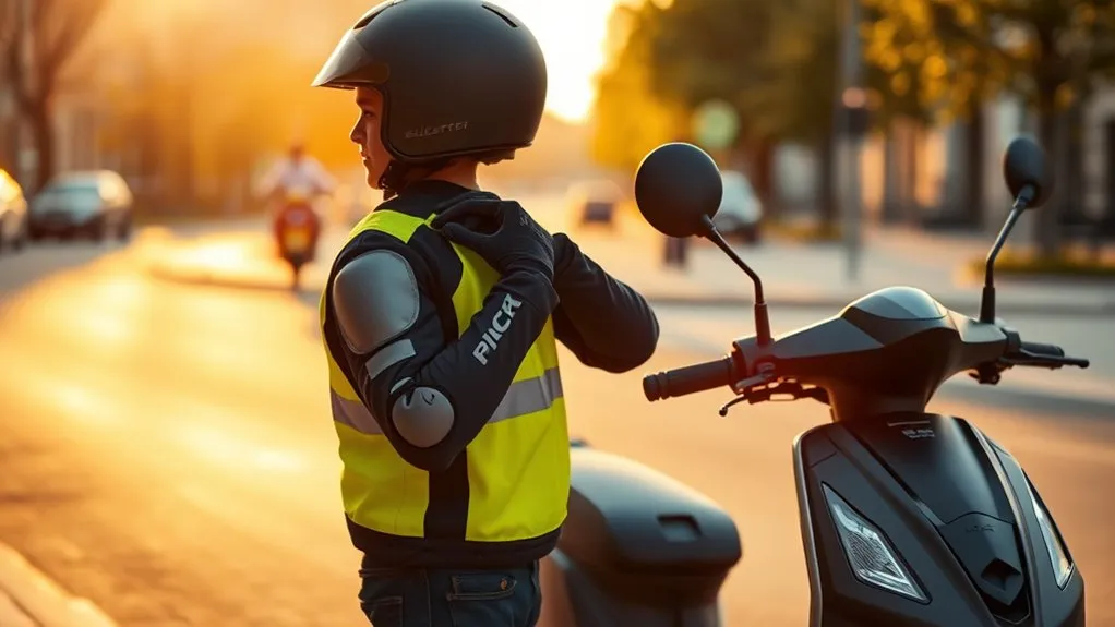 Electric scooter rider wearing a helmet and protective safety gear