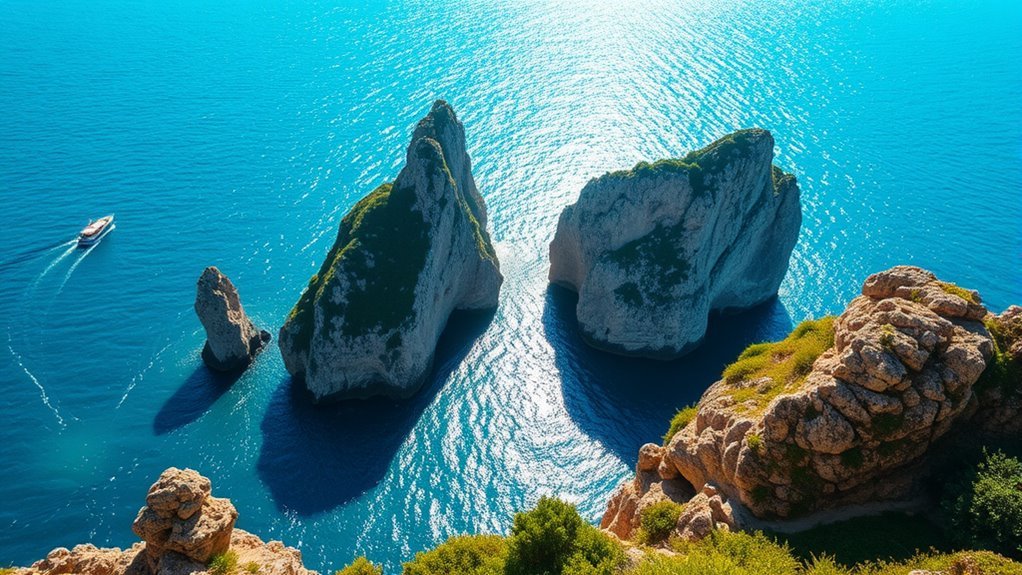 Faraglioni rock formations rising from the sea off Capri