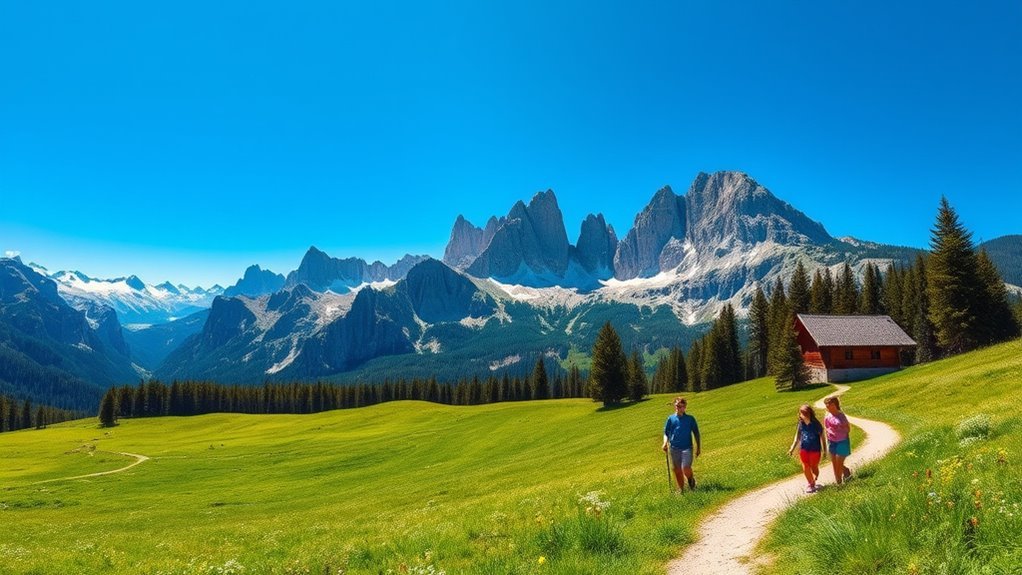 Family hiking beneath the rocky peaks of the Dolomites in summer