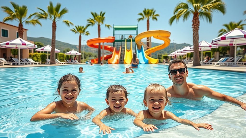 Family enjoying slides and pools at a water park in Italy