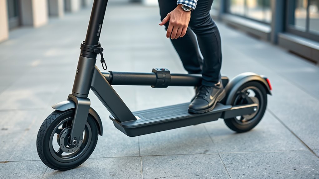 How to Fold an Electric Scooter in Seconds Person folding an electric scooter carefully by lowering the stem toward the deck
