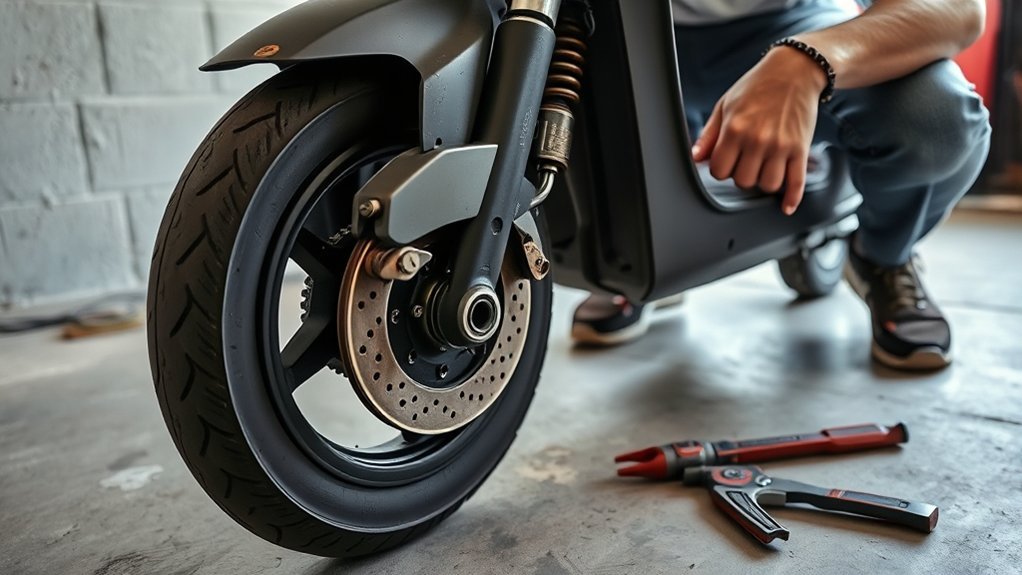 Why Is My Electric Scooter Squeaking? Causes & Fixes Technician inspecting an electric scooter brake caliper, wheel assembly, and suspension for squeak sources