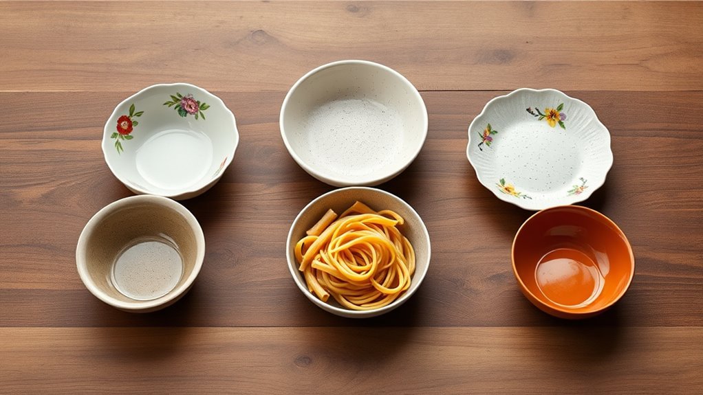 Hand-painted Italian ceramic pasta bowls arranged on a dining table