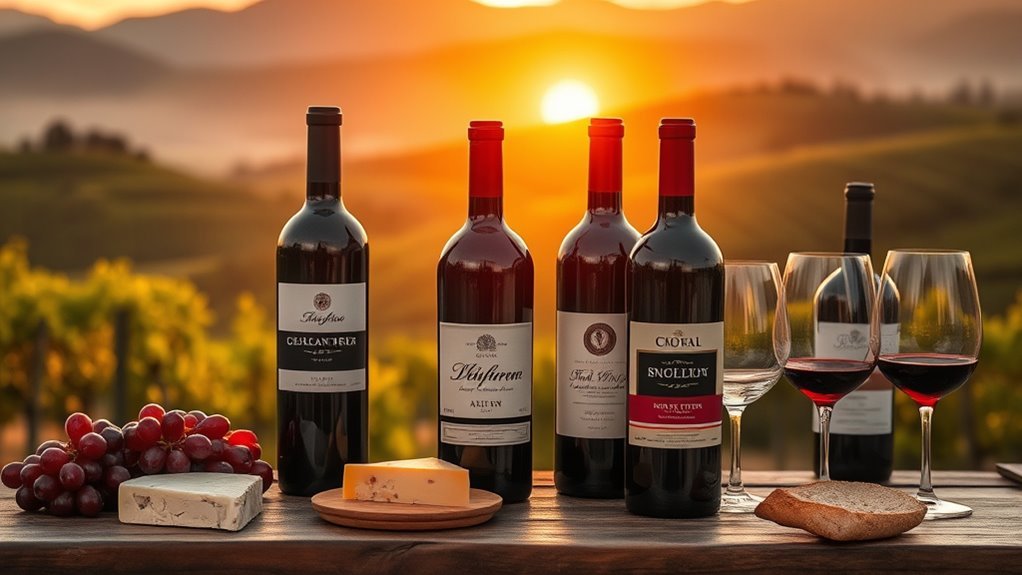 A diverse selection of Italian red wine bottles and glasses showcasing varieties like Barolo and Chianti Classico