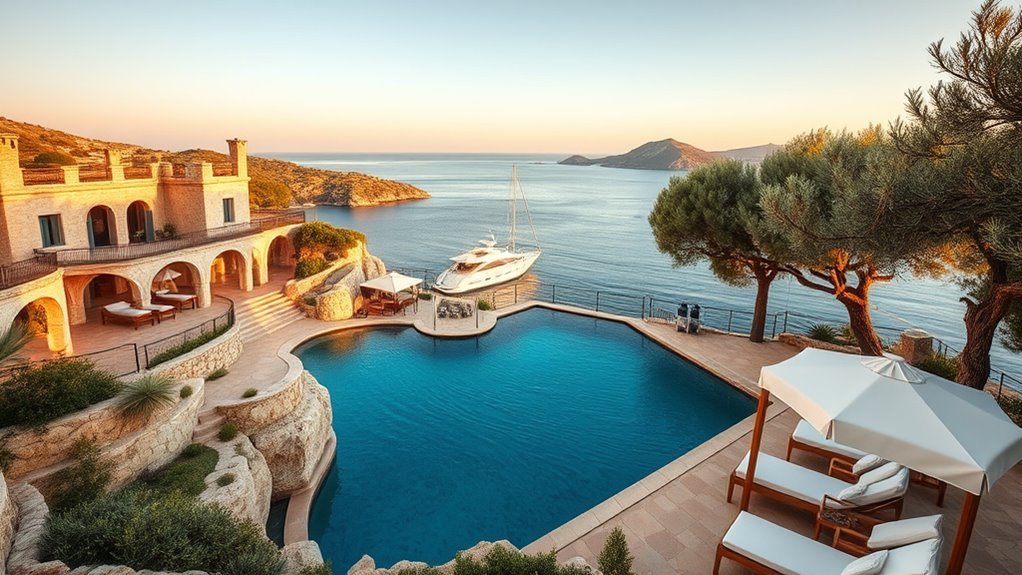 Luxury hotel terrace overlooking Sardinia’s turquoise coast