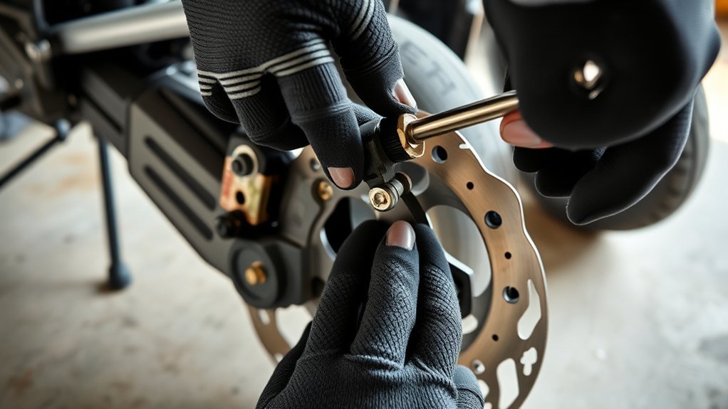 How to Adjust Disc Brakes on an Electric Scooter Electric scooter disc brake caliper and rotor being inspected for alignment