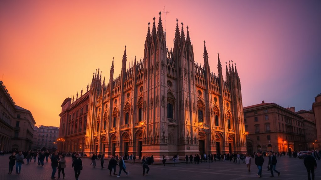 Majestic Gothic exterior facade of Duomo di Milano cathedral in Piazza del Duomo