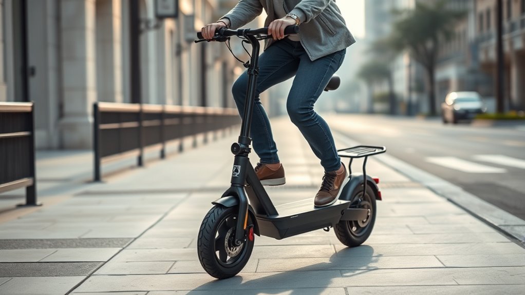 How to Ride an Electric Scooter With a Seat: What You Need to Know Rider mounting an electric scooter with a seat on level ground