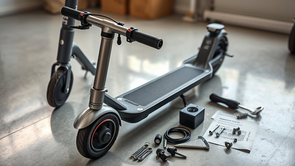 Electric scooter assembly tools and parts organized beside the user manual