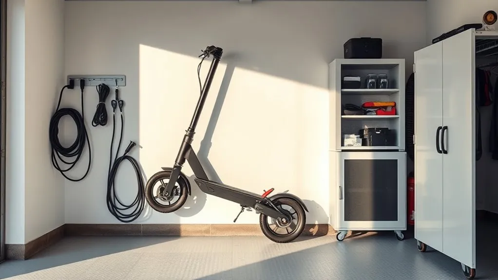 Electric scooter parked indoors in a dry storage area with a lock attached