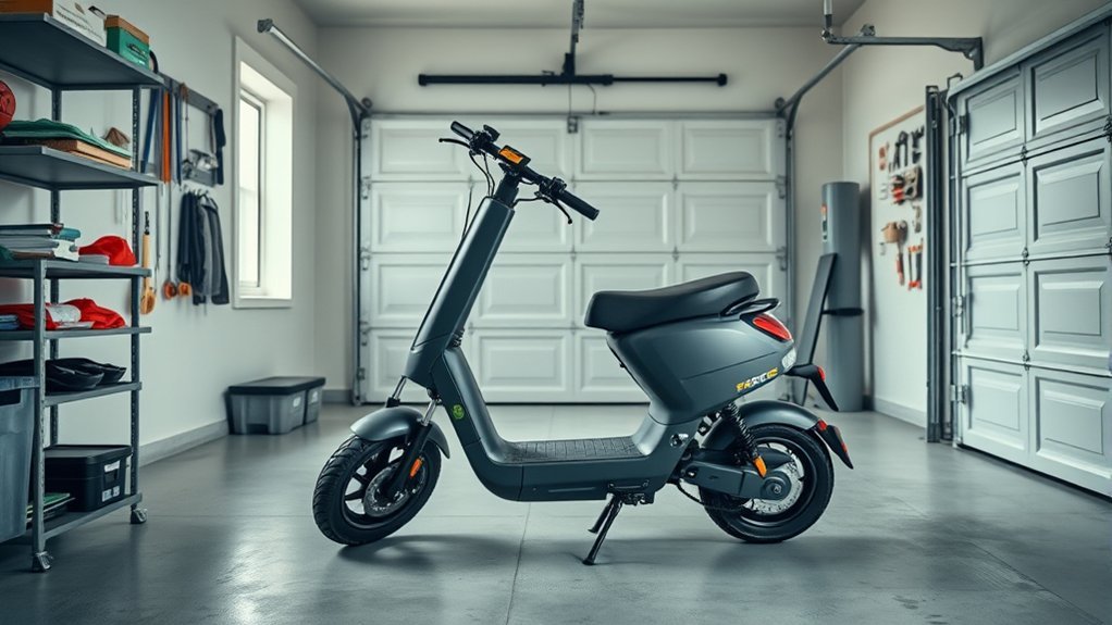 Electric scooter stored securely in a clean, dry garage