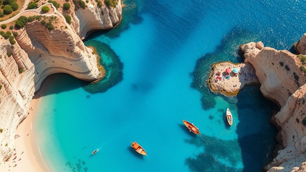Aerial view of Puglia beaches with clear water, cliffs, and sandy coves
