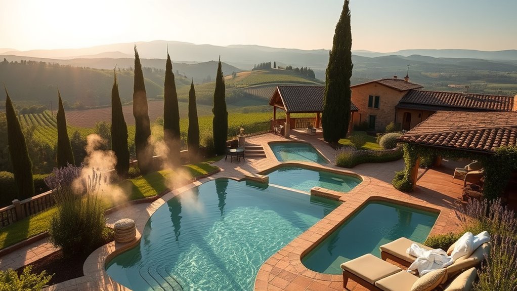 Outdoor thermal spa pools surrounded by the Tuscan countryside