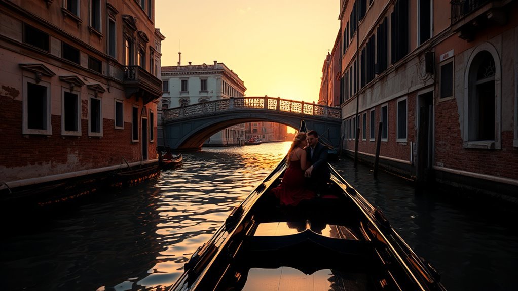 Discovering the Romantic Side of Venice, Italy couple enjoying a romantic sunset gondola ride on a quiet Venice canal