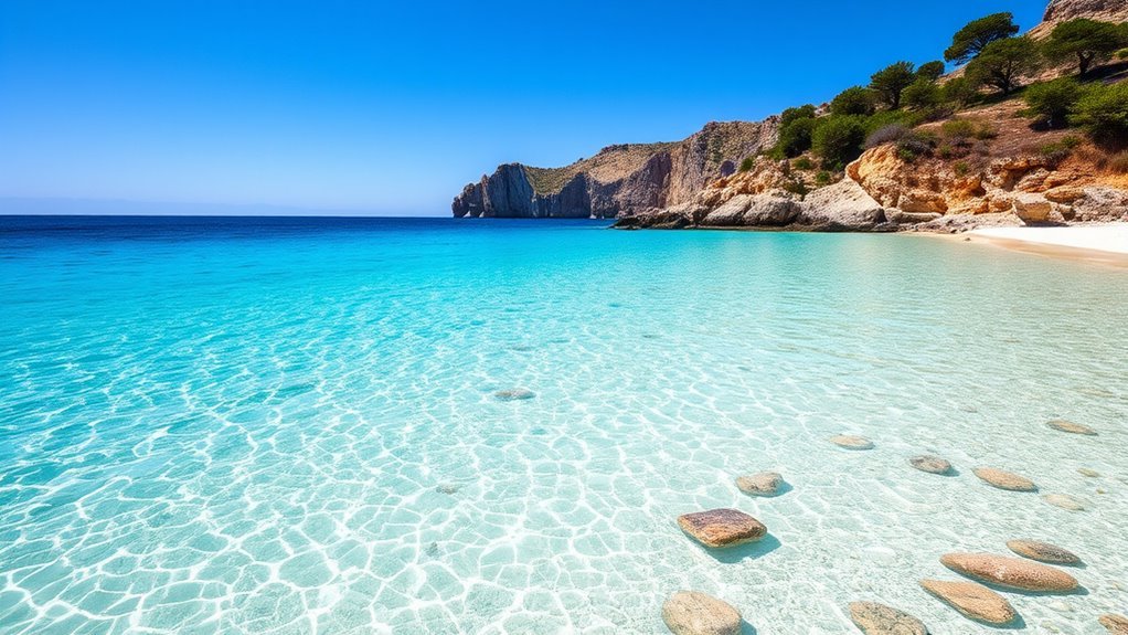 Secluded Sardinian beach with pale sand, rocky cliffs, and turquoise water