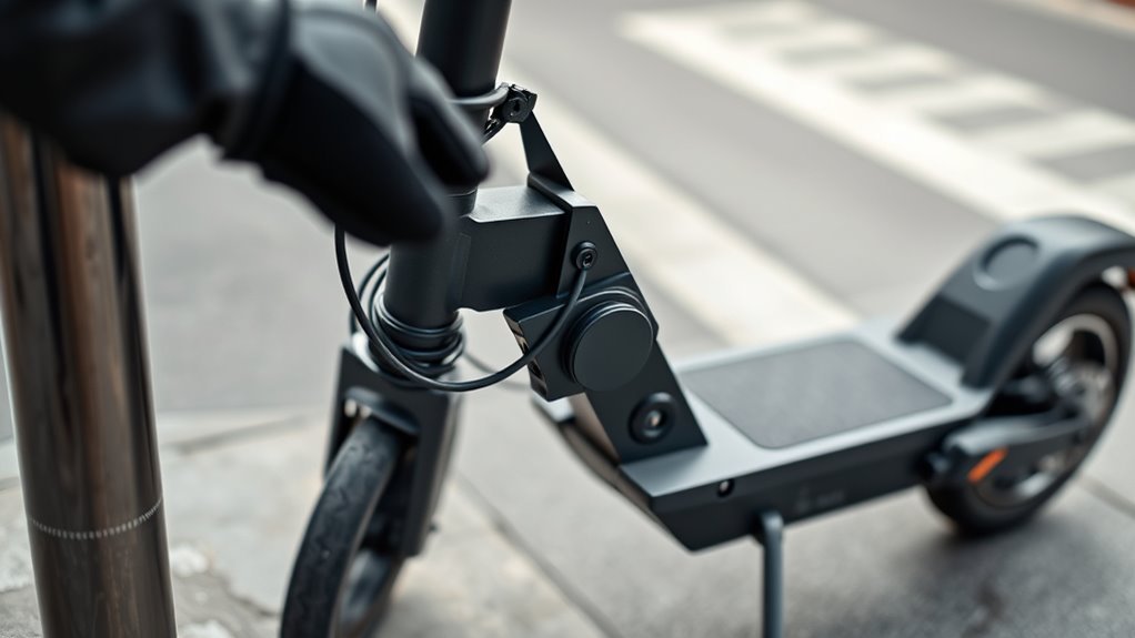 U-lock secured through an electric scooter frame to a fixed bike rack