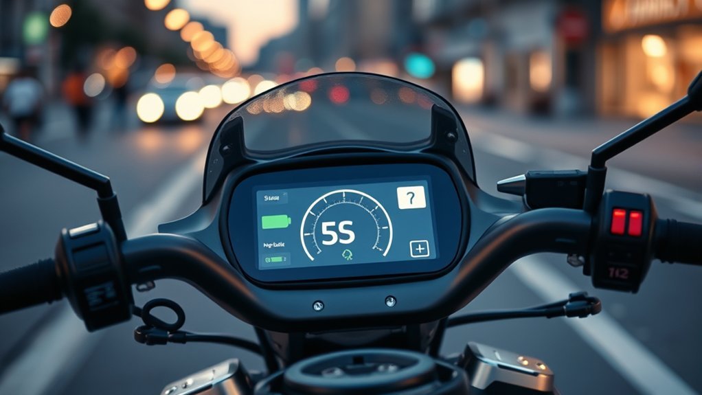 Electric scooter digital handlebar display illuminated showing the S Sport mode icon, speedometer, and battery level