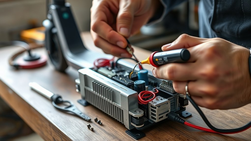 electric scooter controller being tested with a multimeter