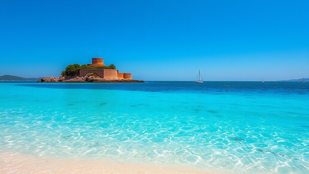 La Pelosa Beach with shallow turquoise water and Torre della Pelosa near Stintino, Sardinia