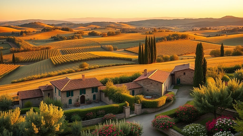 Tuscan countryside with vineyards, olive groves, and historic hill towns