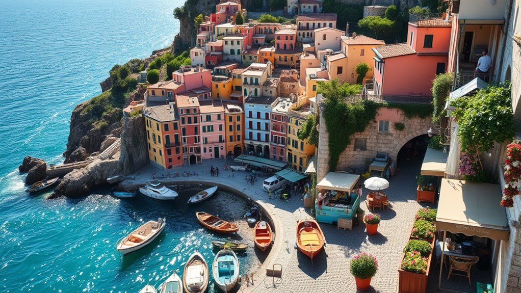 Colorful hillside buildings overlooking the sea in an Italian coastal town
