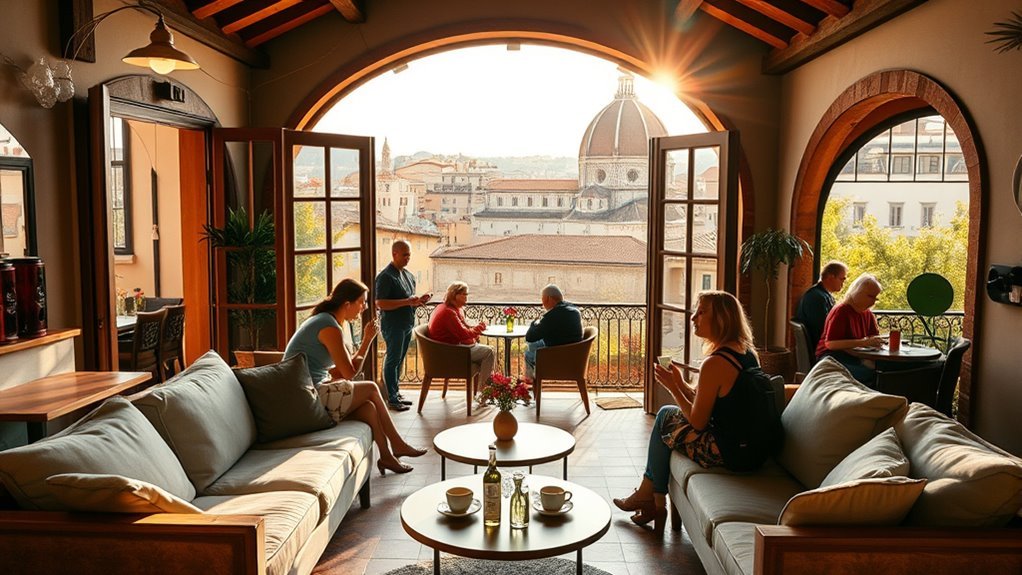 Travelers relaxing and socializing in a Florence hostel common area