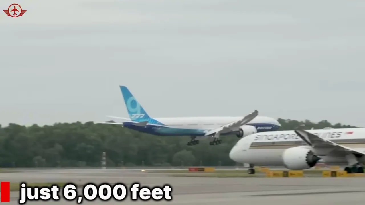 Boeing 777X landing with text explaining its approximately 6,000-foot cabin altitude