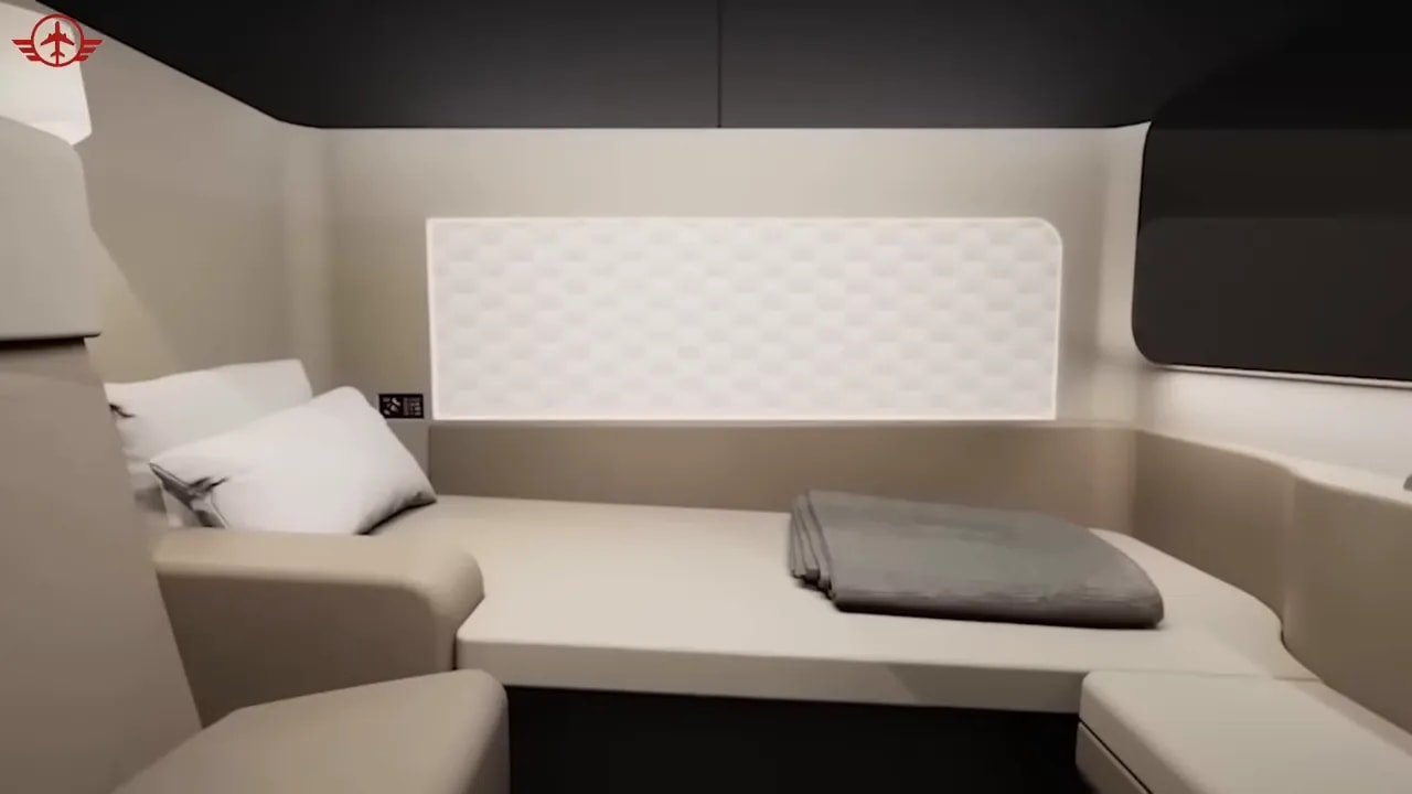 Compact overhead crew-rest compartment with a bed, pillows, and side bench