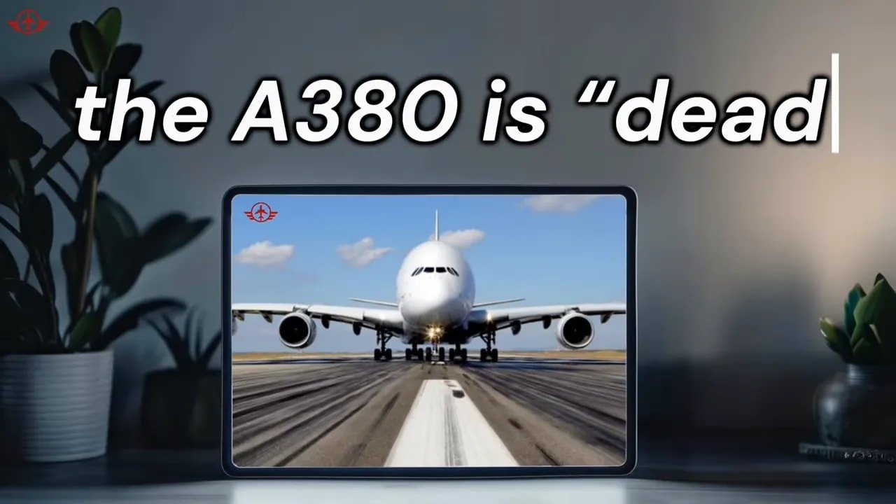 Front view of an Airbus A380 with an on-screen claim that the A380 is dead