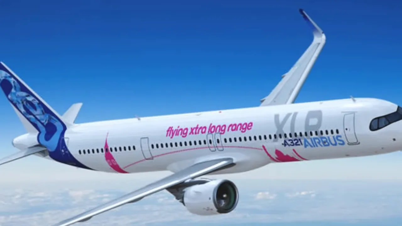 Airbus A321XLR promotional rendering in flight with XLR markings
