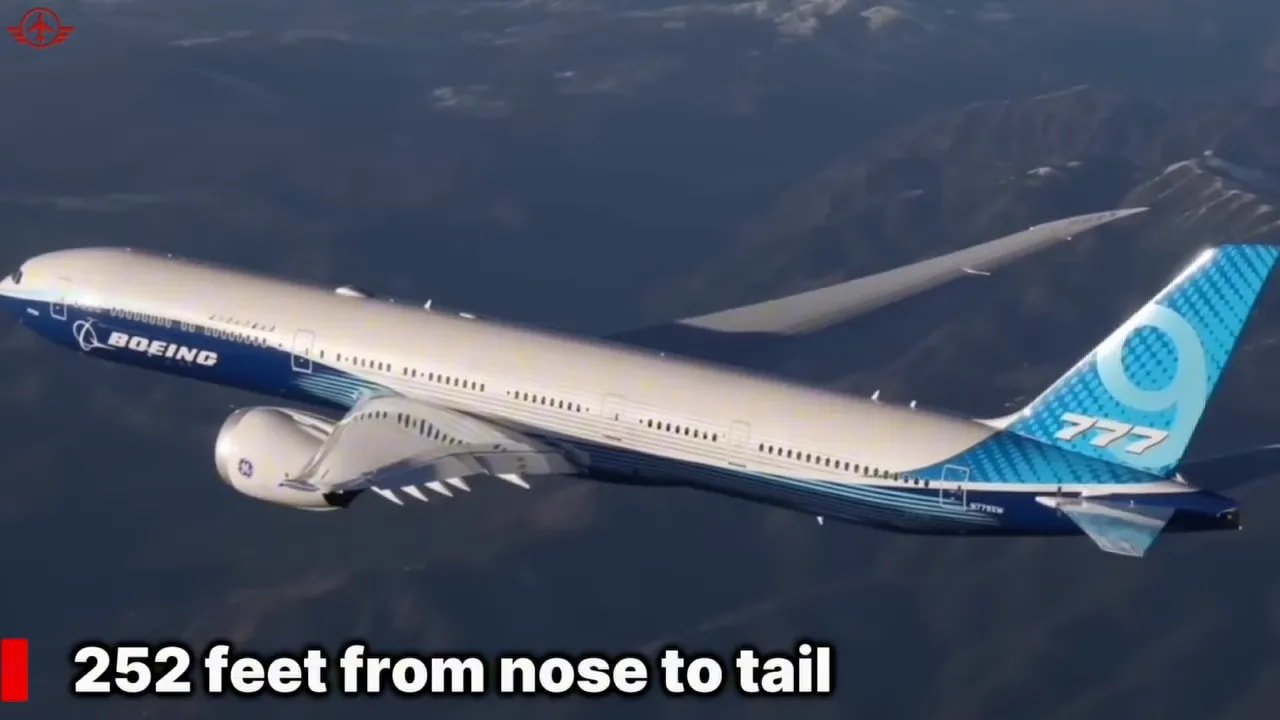 Boeing 777-9 in flight, measuring 251 feet 9 inches from nose to tail