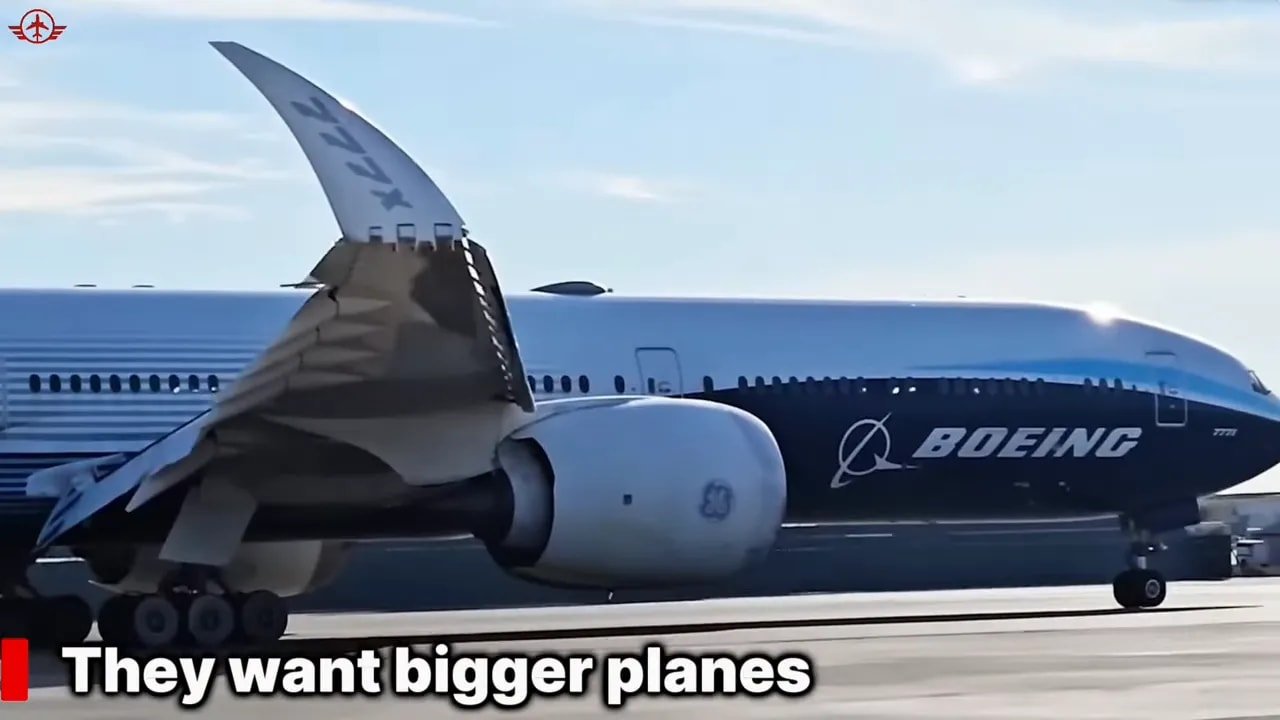 Boeing 777X on the ground with its folding wingtip visible