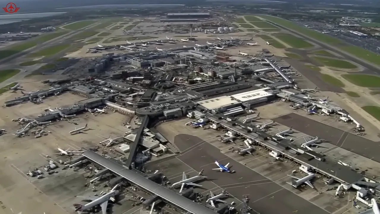 Crowded international airport hub with many aircraft occupying gates and taxiways