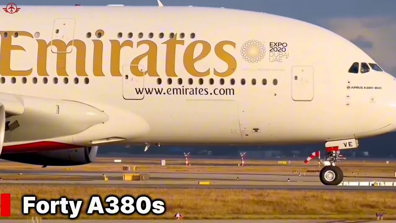 Emirates Airbus A380 used to illustrate the capacity of a forty-aircraft fleet