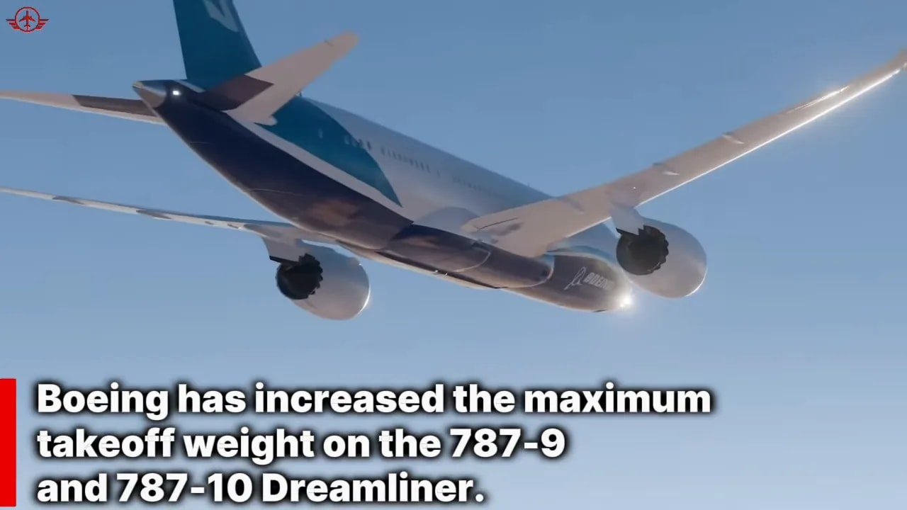 Boeing 787 in flight with text describing the increased maximum takeoff weight